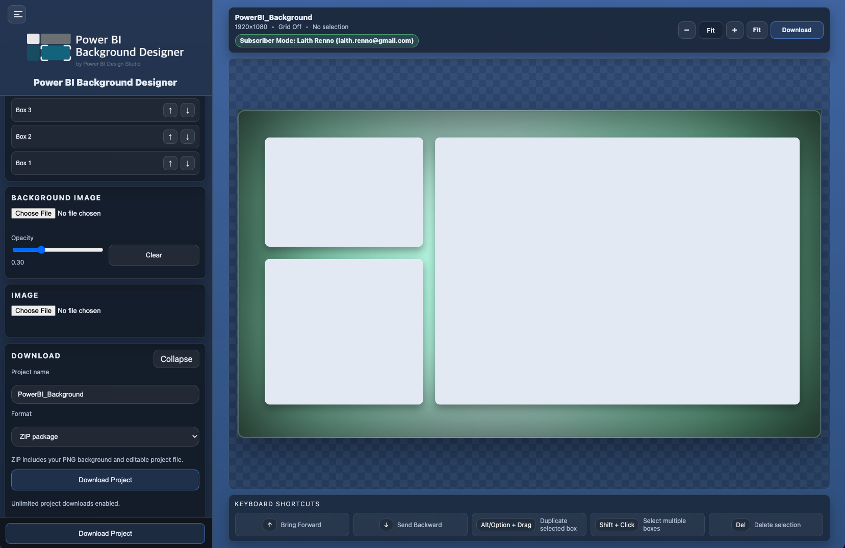 Power BI Background Designer app interface showing a branded Power BI report background layout.